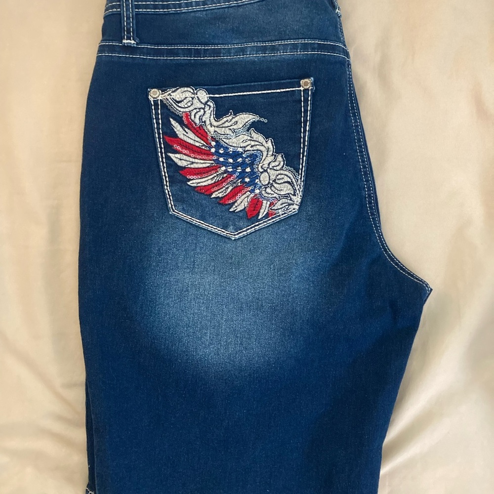Hydraulic Denim Shorts SZ 12 New stretch denim Patriotic design sequins pockets!
